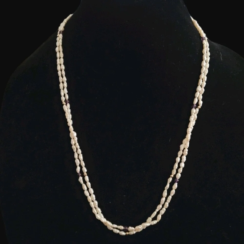 Vintage Double Strand‎ Freshwater Rice Pearl Necklace with Amethyst Accents